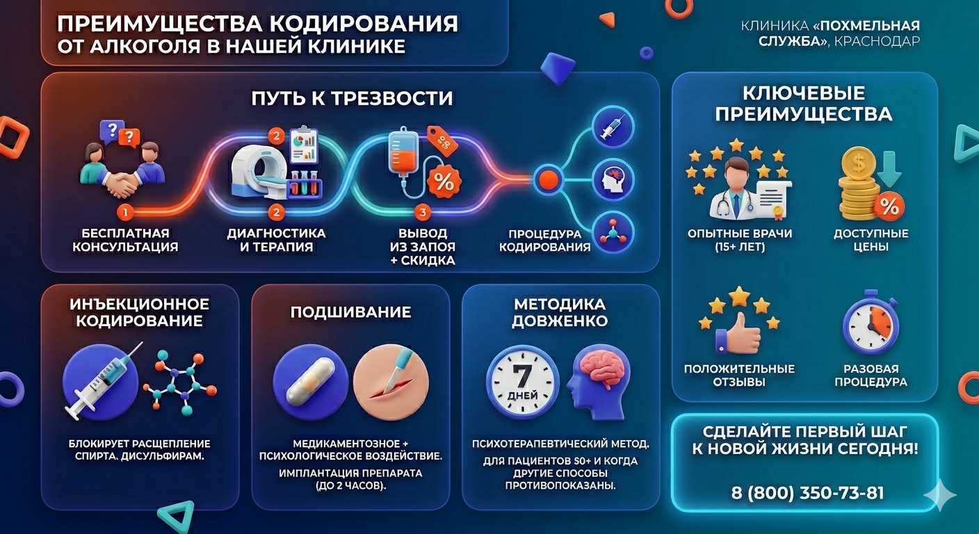Инфографика о методах кодирования от алкоголя в Серебряных Прудах: инъекции, подшивание, метод Довженко. Преимущества клиники и этапы лечения.